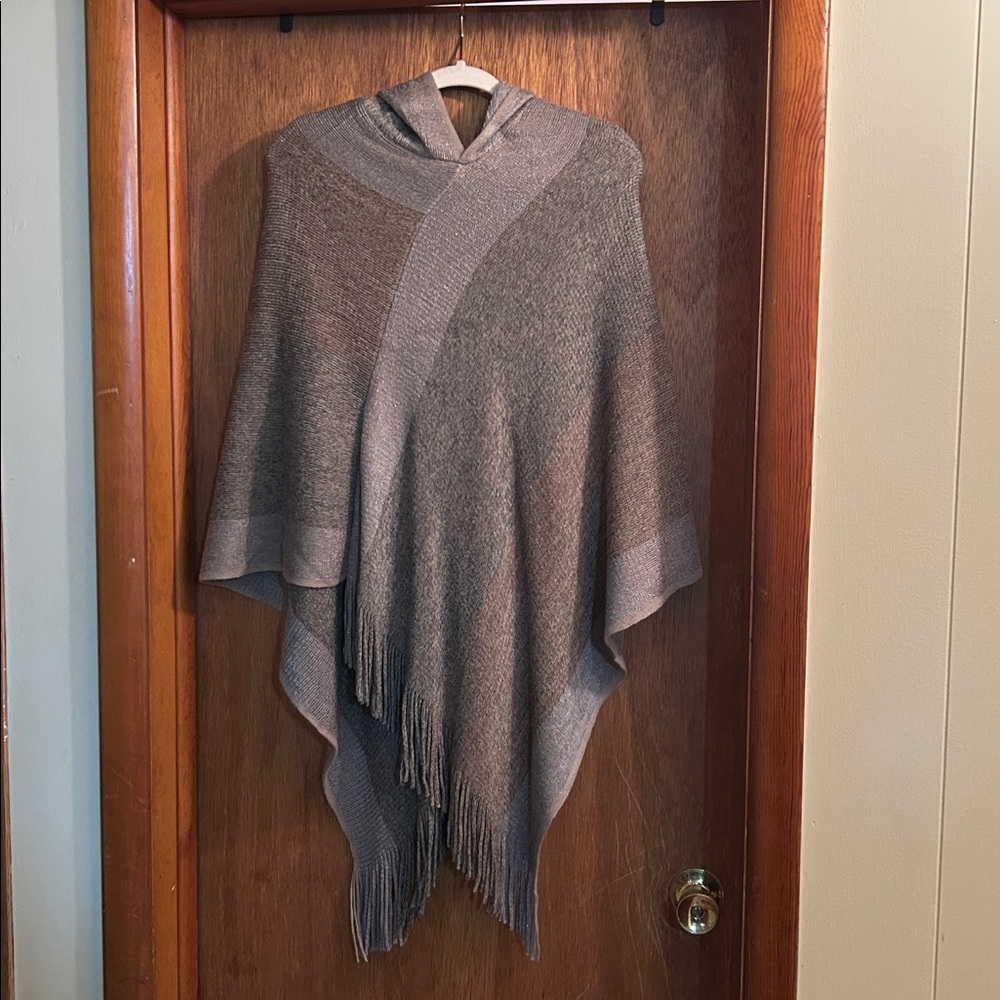 Tan and Gray Hooded Poncho with Fringe